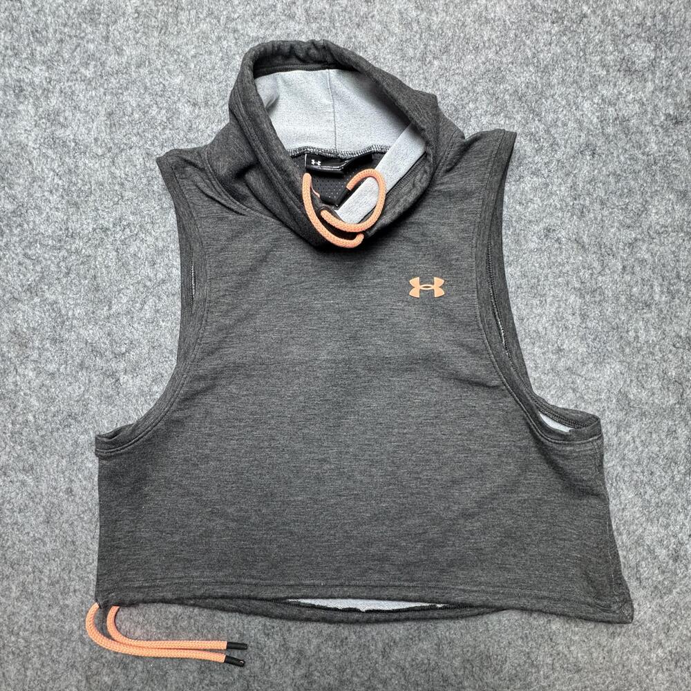Under Armour Tank Top Womens Medium Gray Cropped Hooded Cowl Neck Drawstring